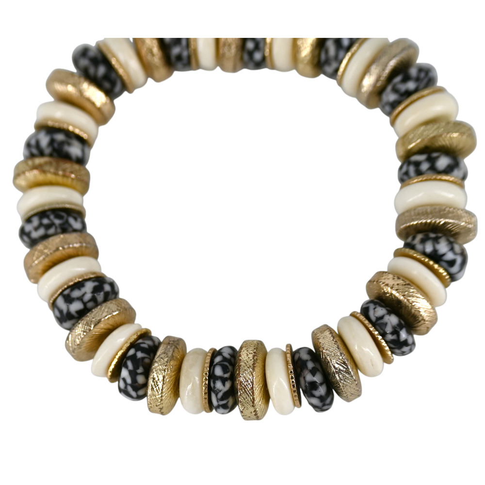Akola Black White Ivory Glass Beaded Gold Coin Stretch Bracelet - Picture 5 of 5